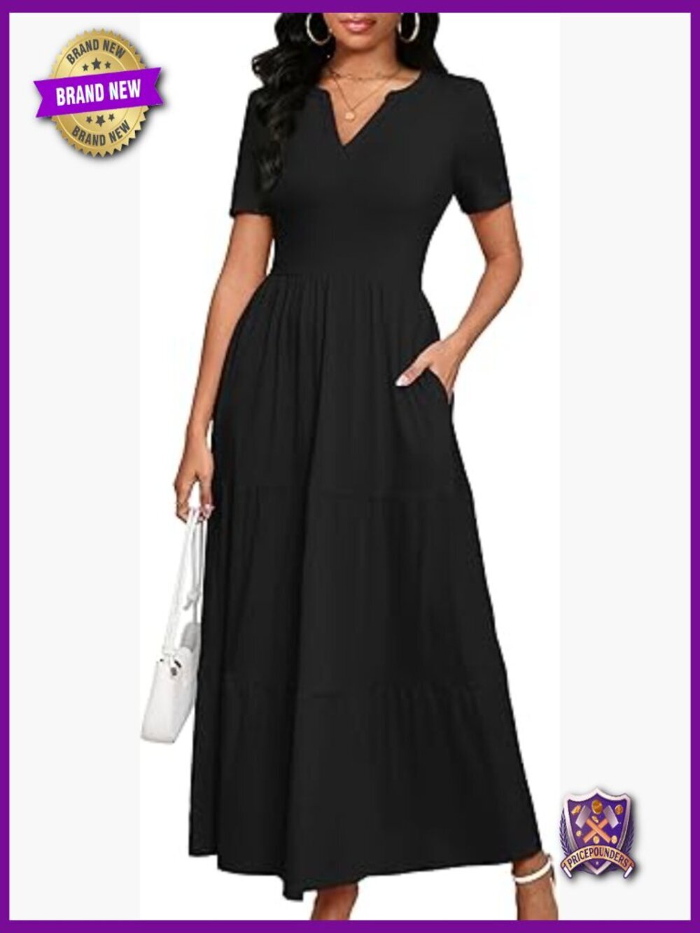 Women's Casual Loose Maxi Dress with Pockets V Neck Short Sleeve Tiered Long